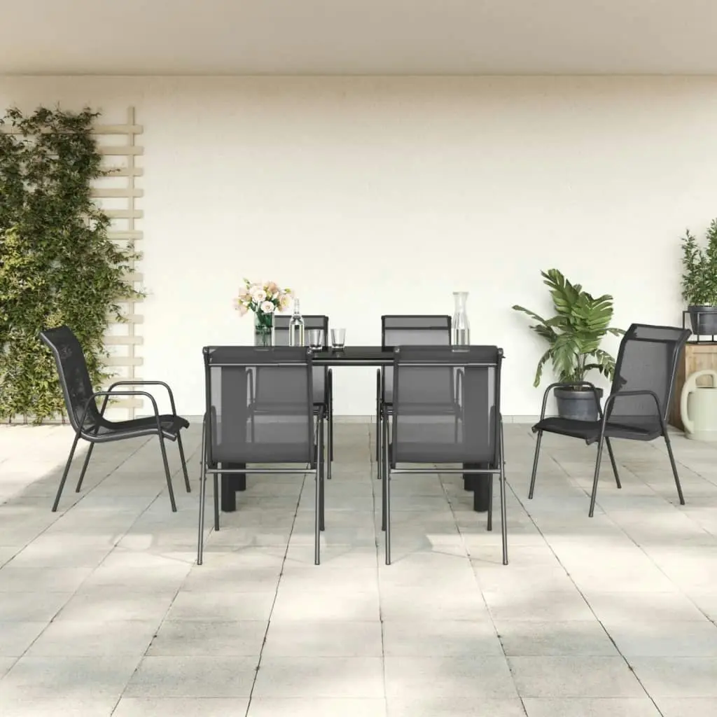 7 Piece Garden Dining Set Black Steel and Textilene 3200693