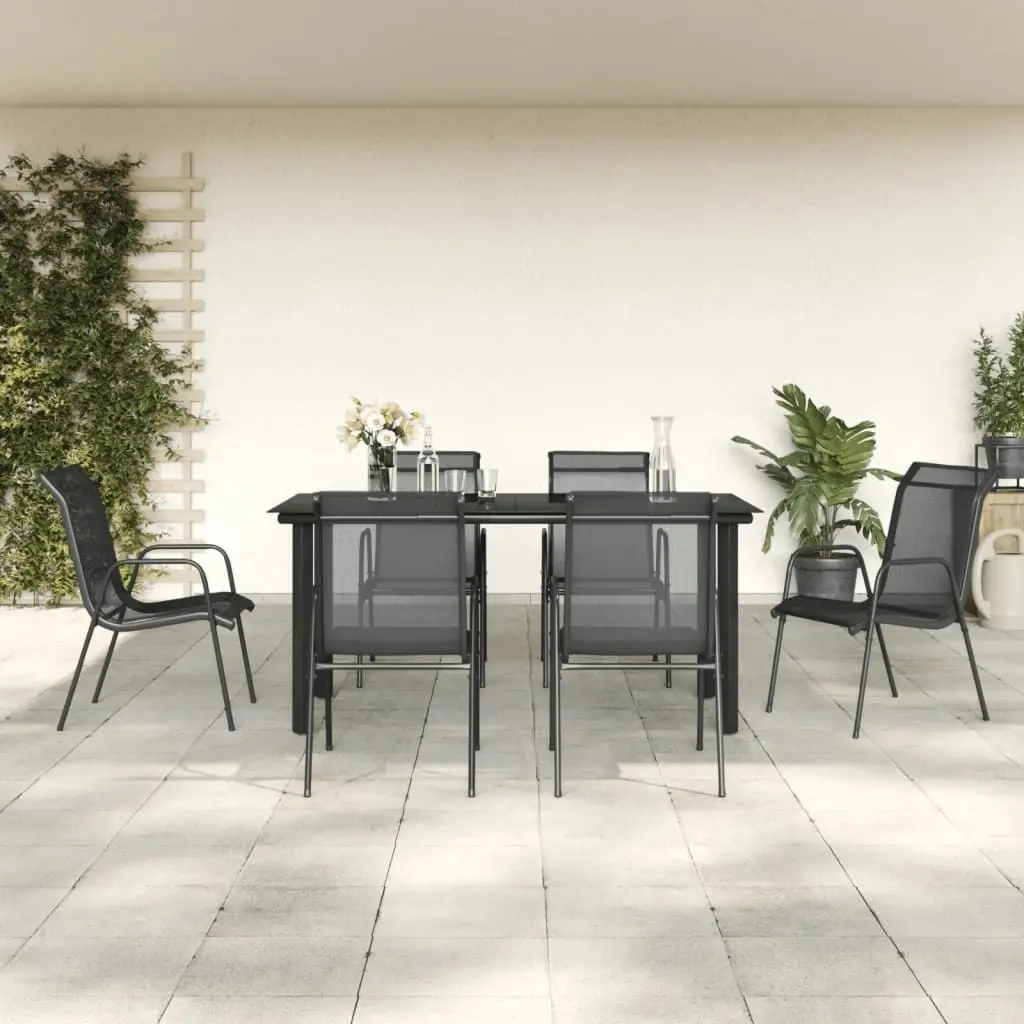 7 Piece Garden Dining Set Black Steel and Textilene 3200695