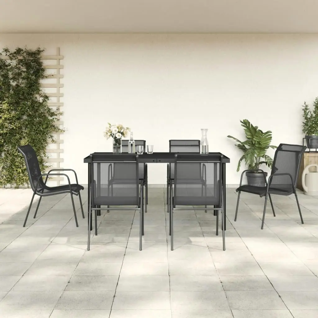 7 Piece Garden Dining Set Black Steel and Textilene 3200679