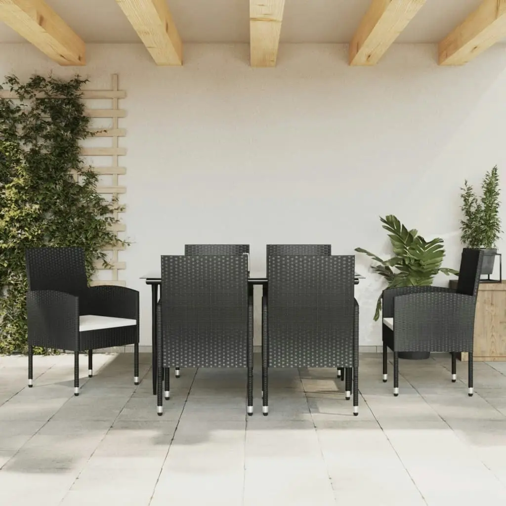 7 Piece Garden Dining Set Black Poly Rattan and Steel 3203307