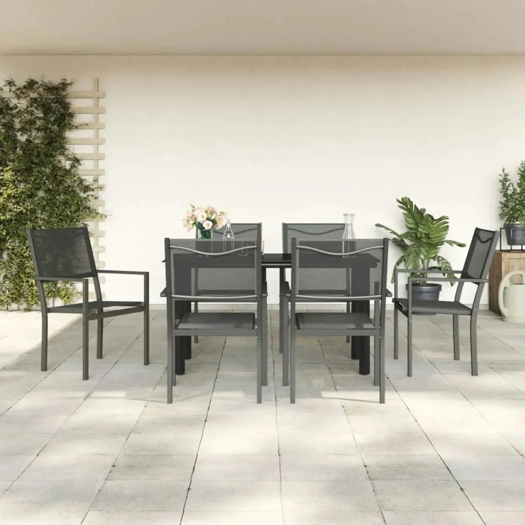 7 Piece Garden Dining Set Black Steel and Textilene 3200729