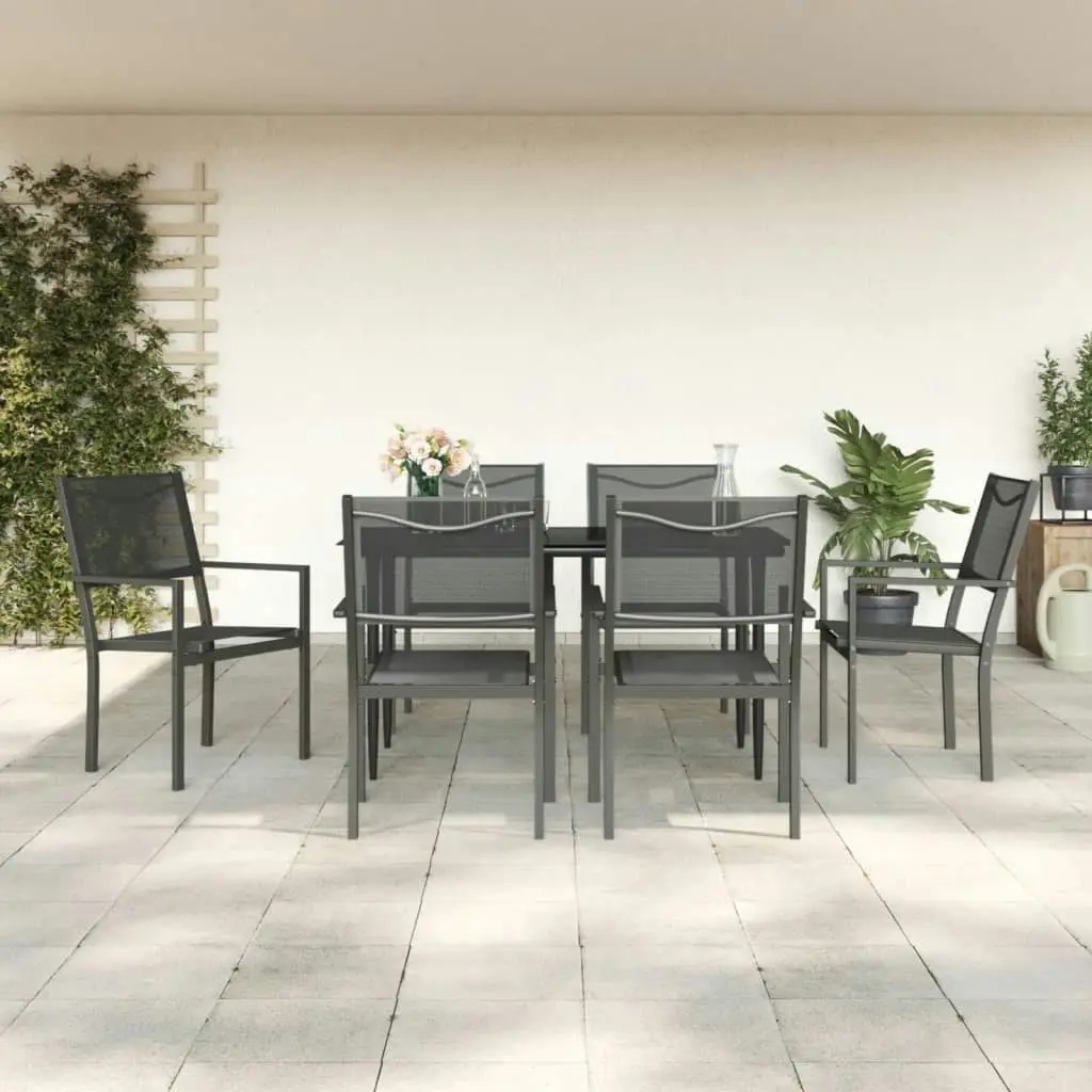 7 Piece Garden Dining Set Black Steel and Textilene 3200721