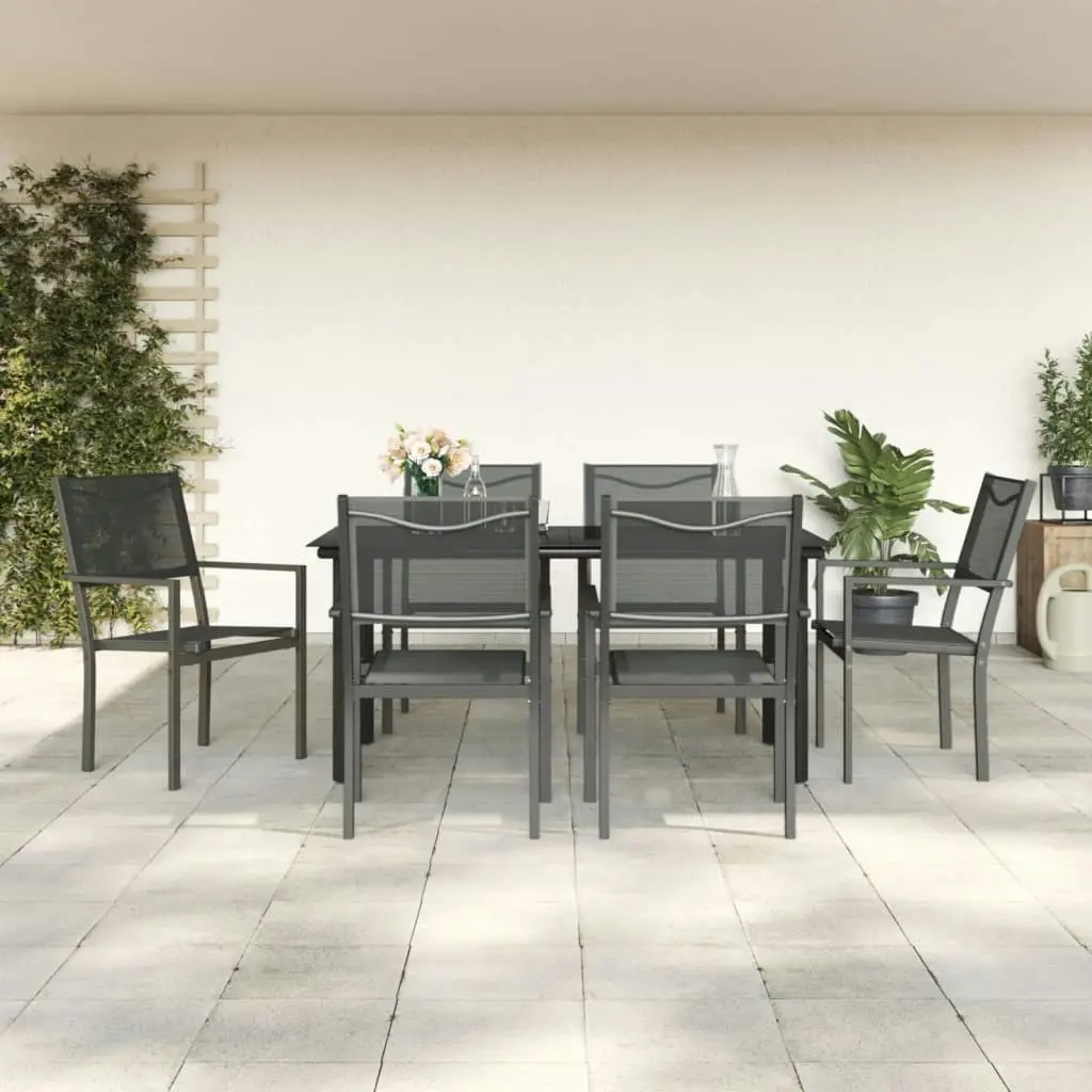 7 Piece Garden Dining Set Black Steel and Textilene 3200731