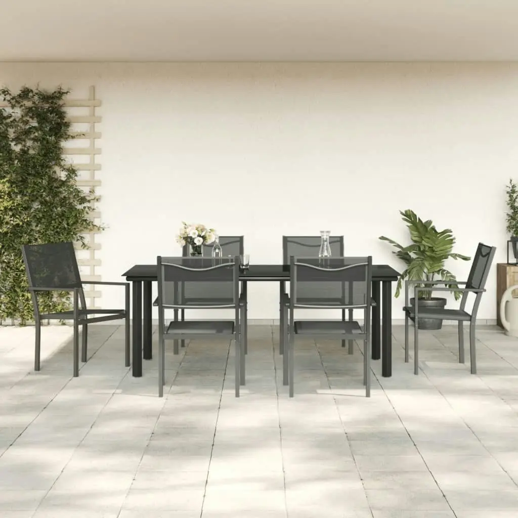 7 Piece Garden Dining Set Black Steel and Textilene 3200732