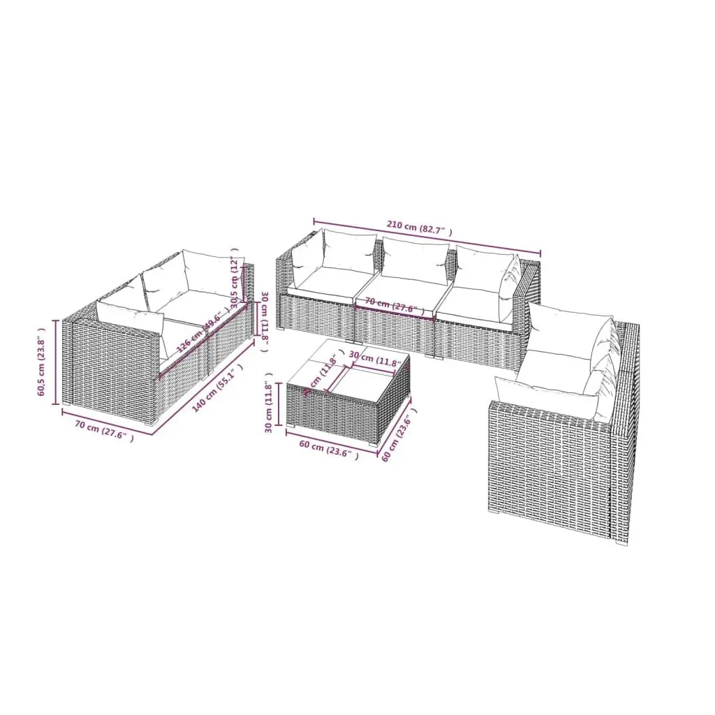 8 Piece Garden Lounge Set with Cushions Poly Rattan Grey 3102278