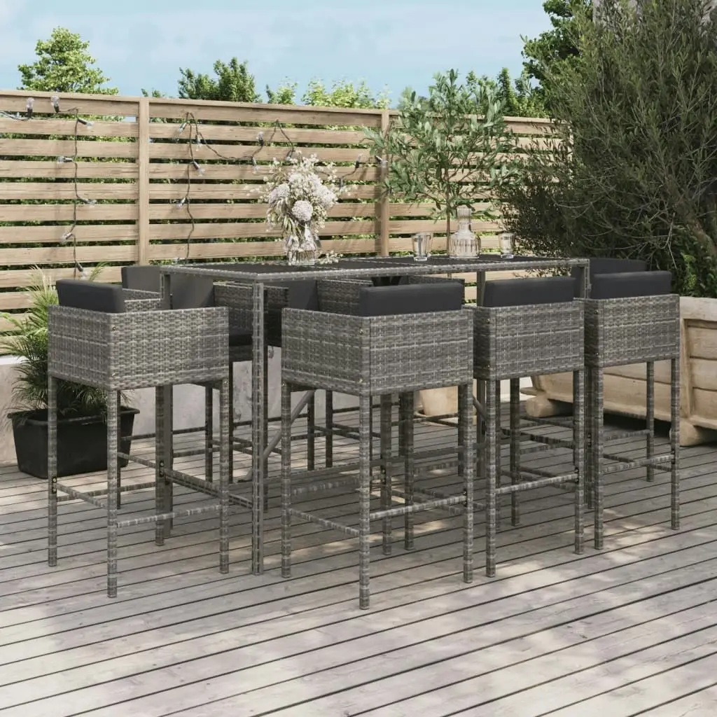 9 Piece Garden Bar Set with Cushions Grey Poly Rattan 3200654