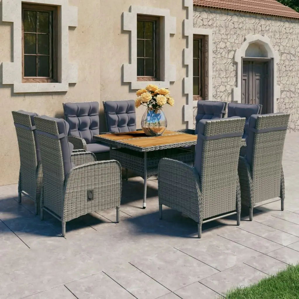 9 Piece Garden Dining Set Poly Rattan and Acacia Wood Grey 3058531