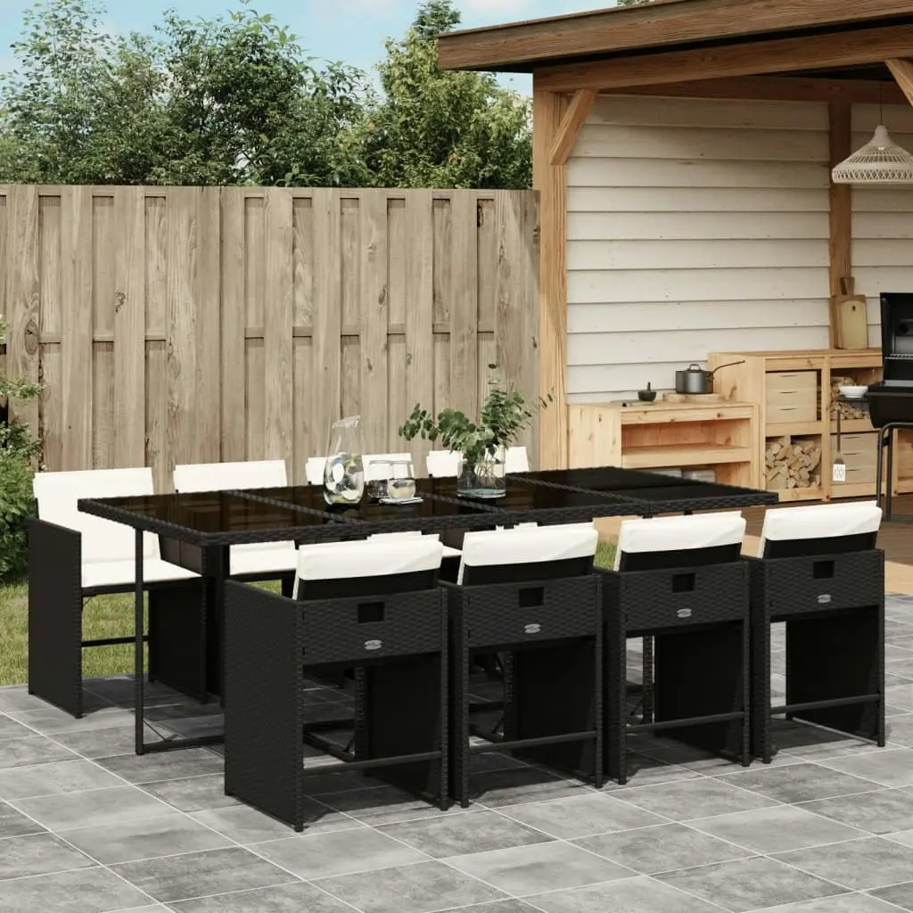 9 Piece Garden Dining Set with Cushions Black Poly Rattan 3211098