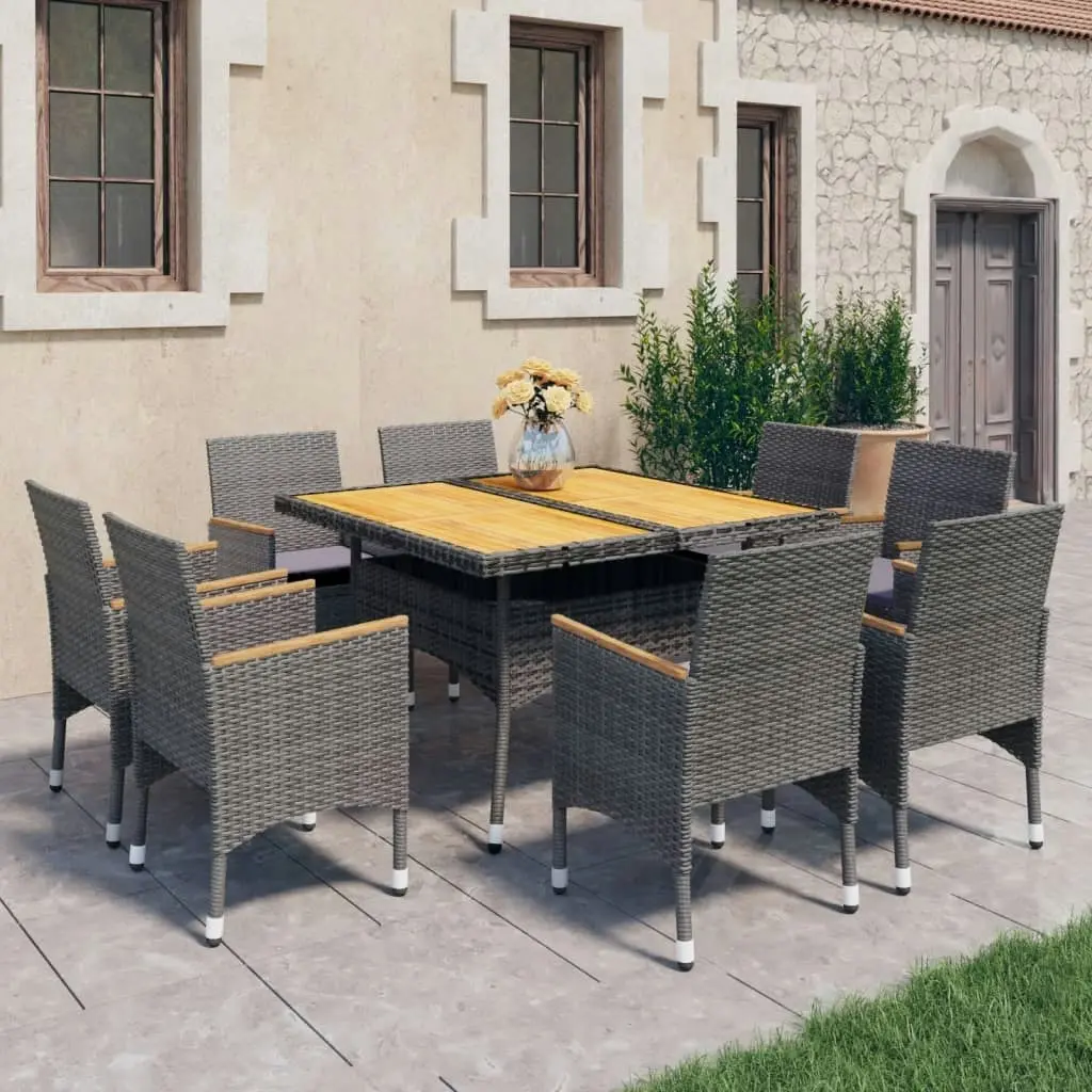 9 Piece Garden Dining Set Poly Rattan and Acacia Wood Grey 3058347