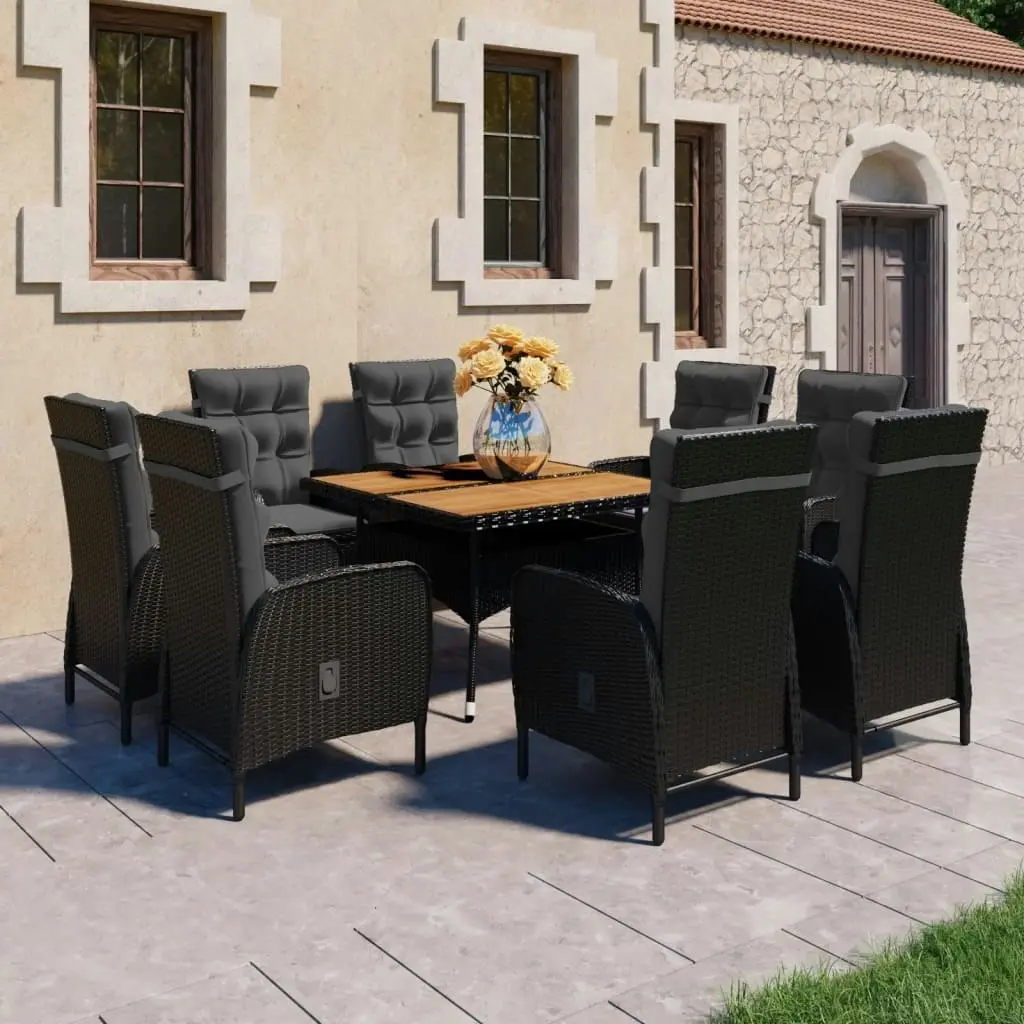 9 Piece Garden Dining Set Poly Rattan and Acacia Wood Black 3058533