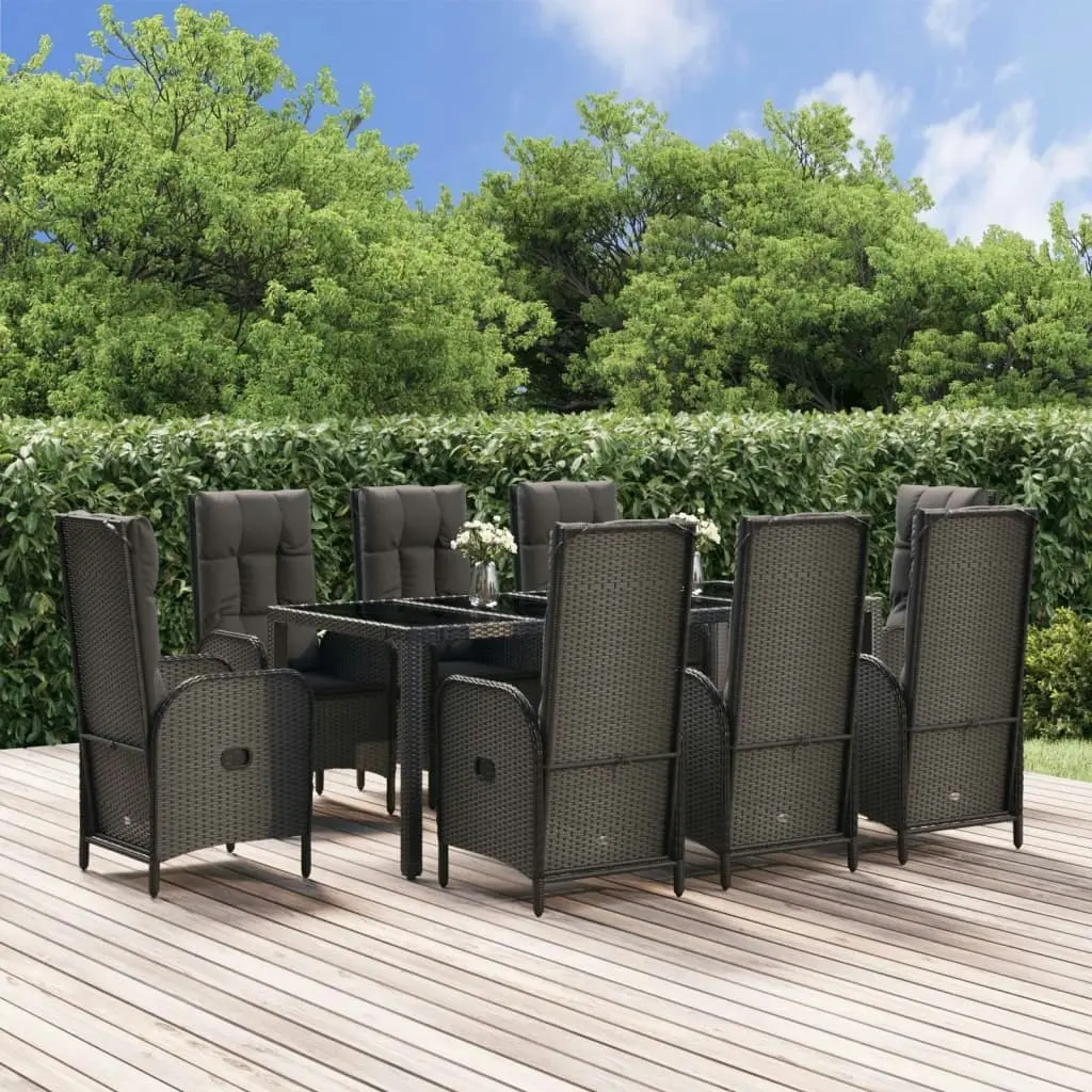 9 Piece Garden Dining Set with Cushions Black and Grey Poly Rattan 3185058