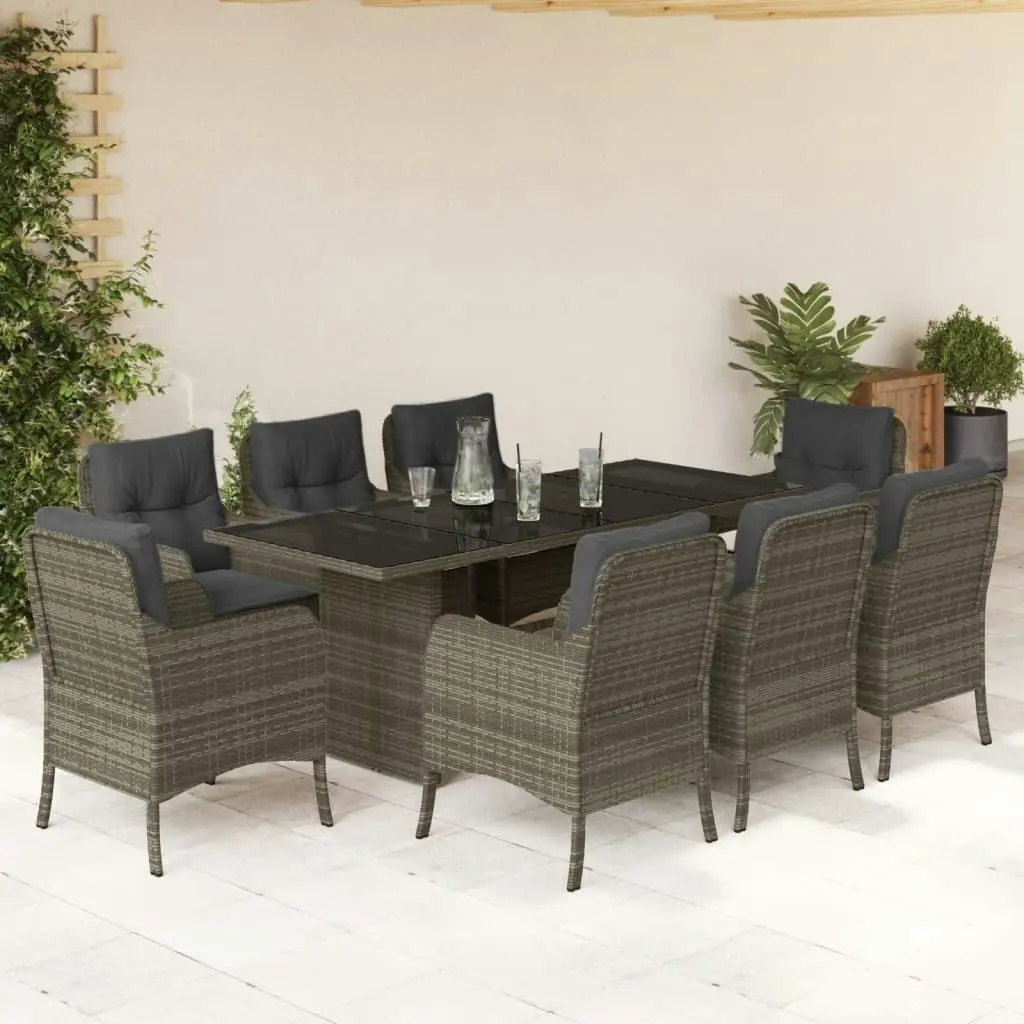 9 Piece Garden Dining Set with Cushions Grey Poly Rattan 3211885