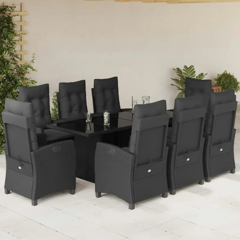 9 Piece Garden Dining Set with Cushions Black Poly Rattan 3212685