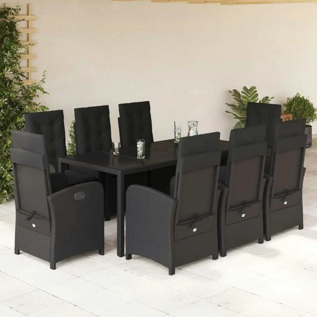 9 Piece Garden Dining Set with Cushions Black Poly Rattan 3212211