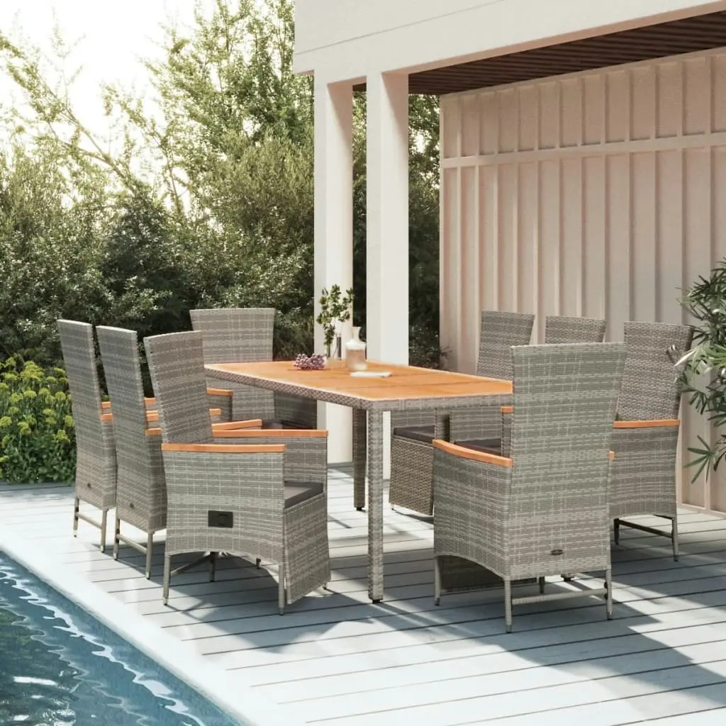 9 Piece Garden Dining Set with Cushions Grey Poly Rattan 3157560