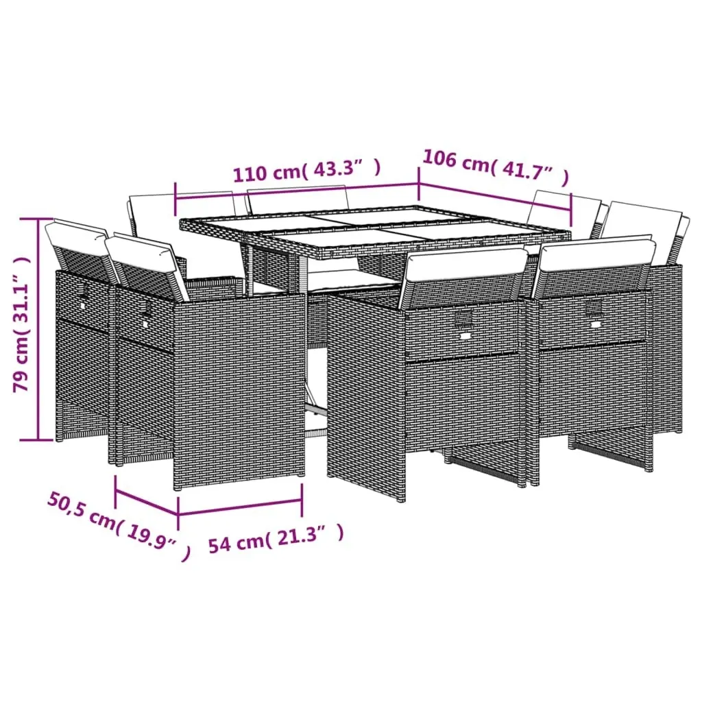 9 Piece Garden Dining Set with Cushions Grey Poly Rattan 3210656