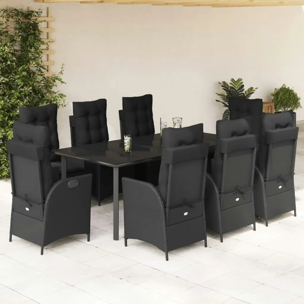 9 Piece Garden Dining Set with Cushions Black Poly Rattan 3213193