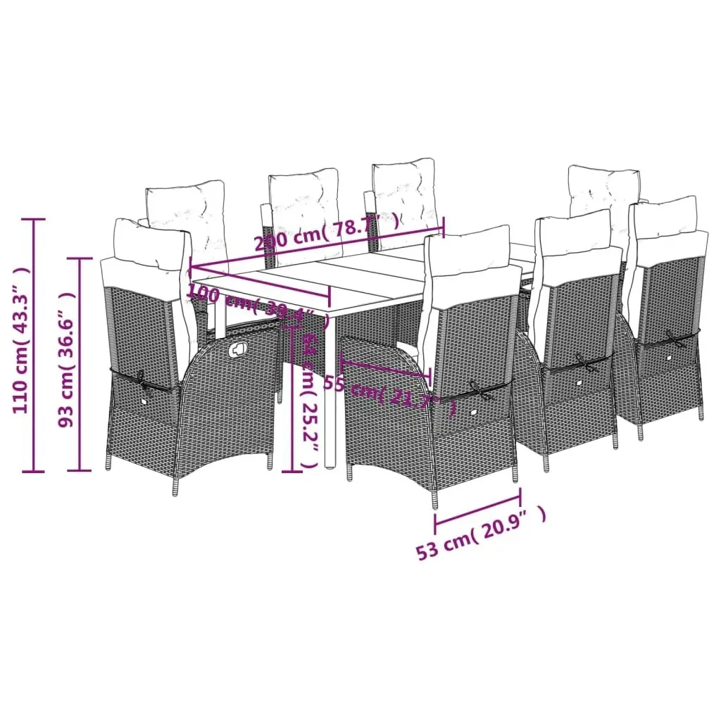 9 Piece Garden Dining Set with Cushions Black Poly Rattan 3213193