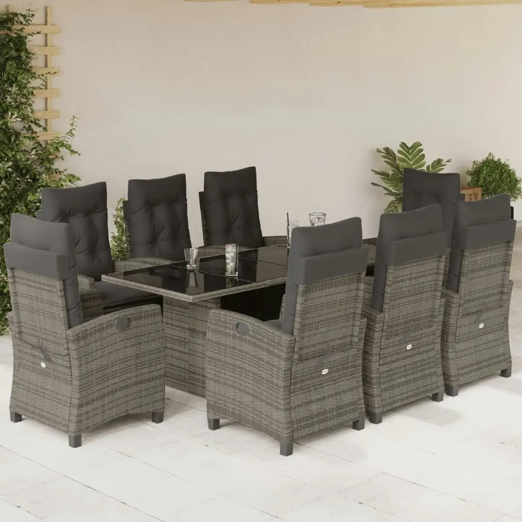 9 Piece Garden Dining Set with Cushions Grey Poly Rattan 3212691