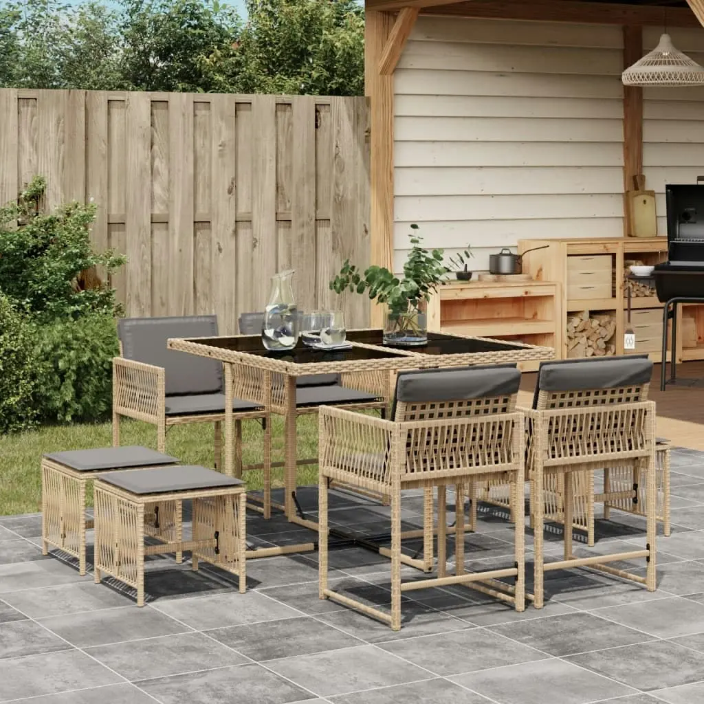 9 Piece Garden Dining Set with Cushions Mix Beige Poly Rattan 3211500