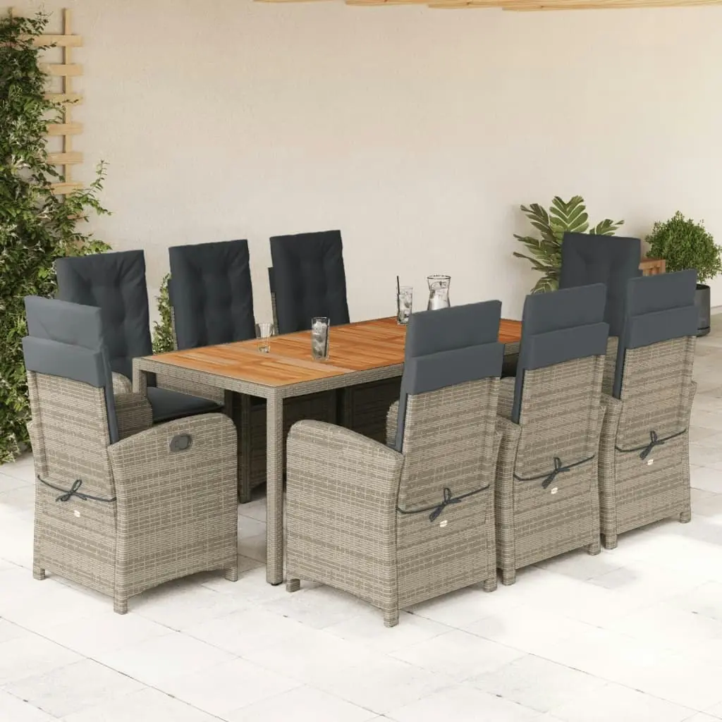 9 Piece Garden Dining Set with Cushions Grey Poly Rattan 3212247