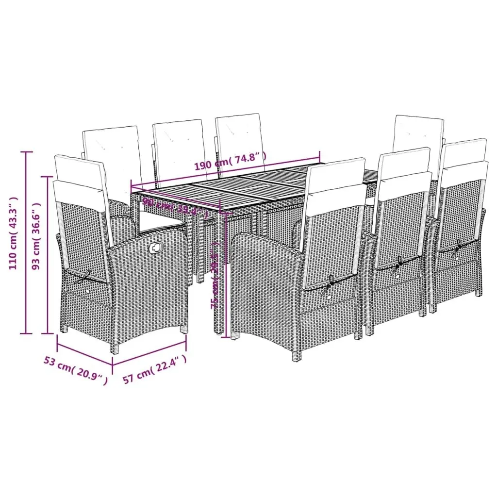 9 Piece Garden Dining Set with Cushions Grey Poly Rattan 3212247