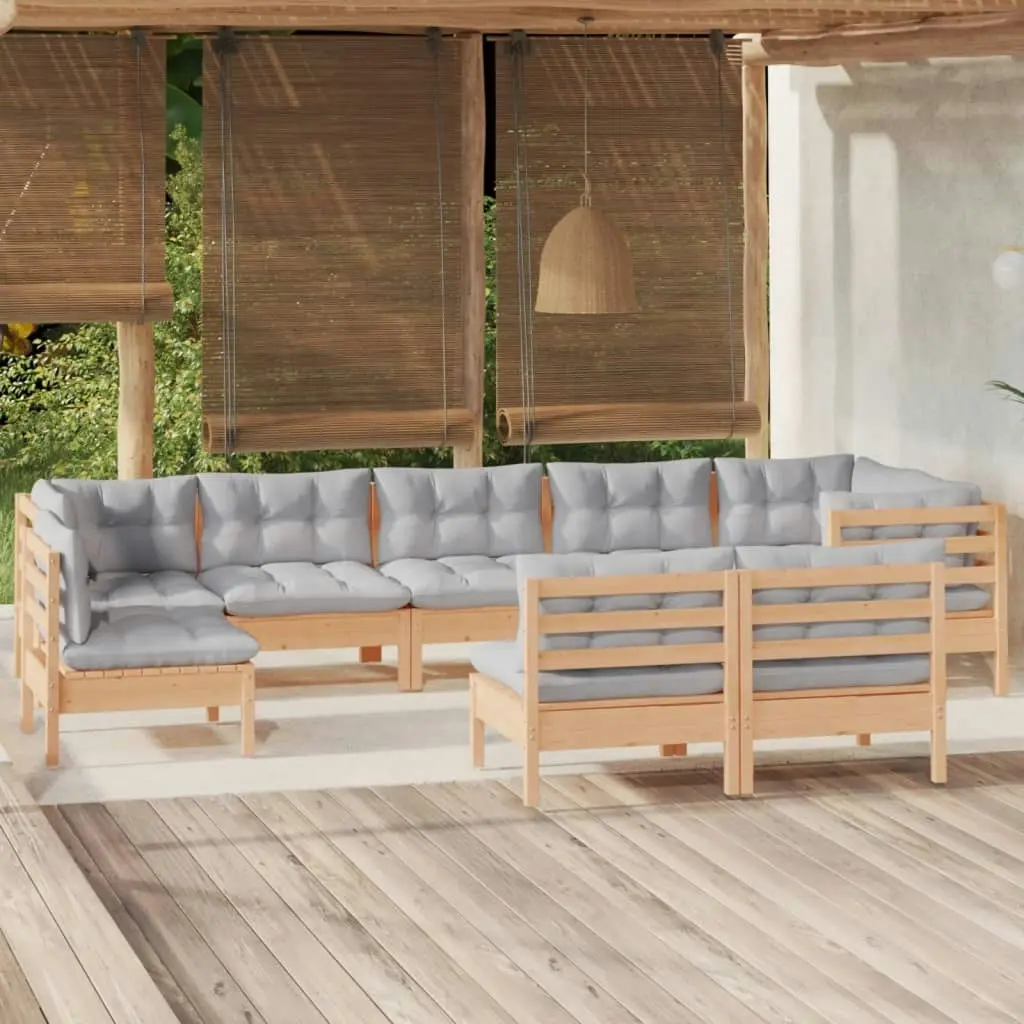 9 Piece Garden Lounge Set with Grey Cushions Solid Pinewood 3096477