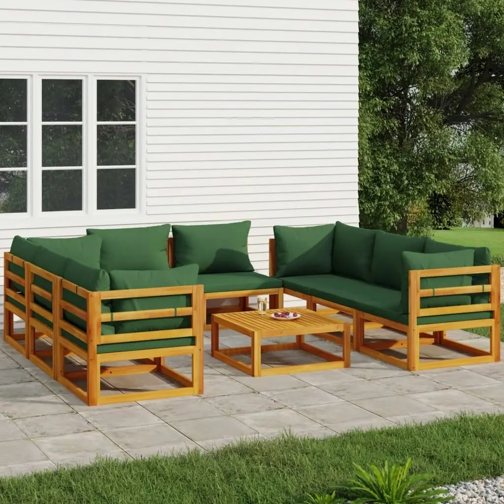 9 Piece Garden Lounge Set with Green Cushions Solid Wood 3155318