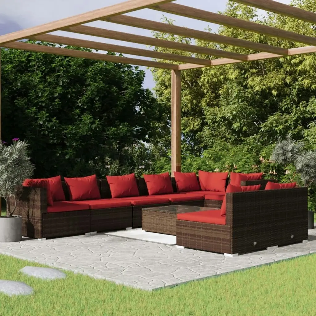 9 Piece Garden Lounge Set with Cushions Brown Poly Rattan 3102411