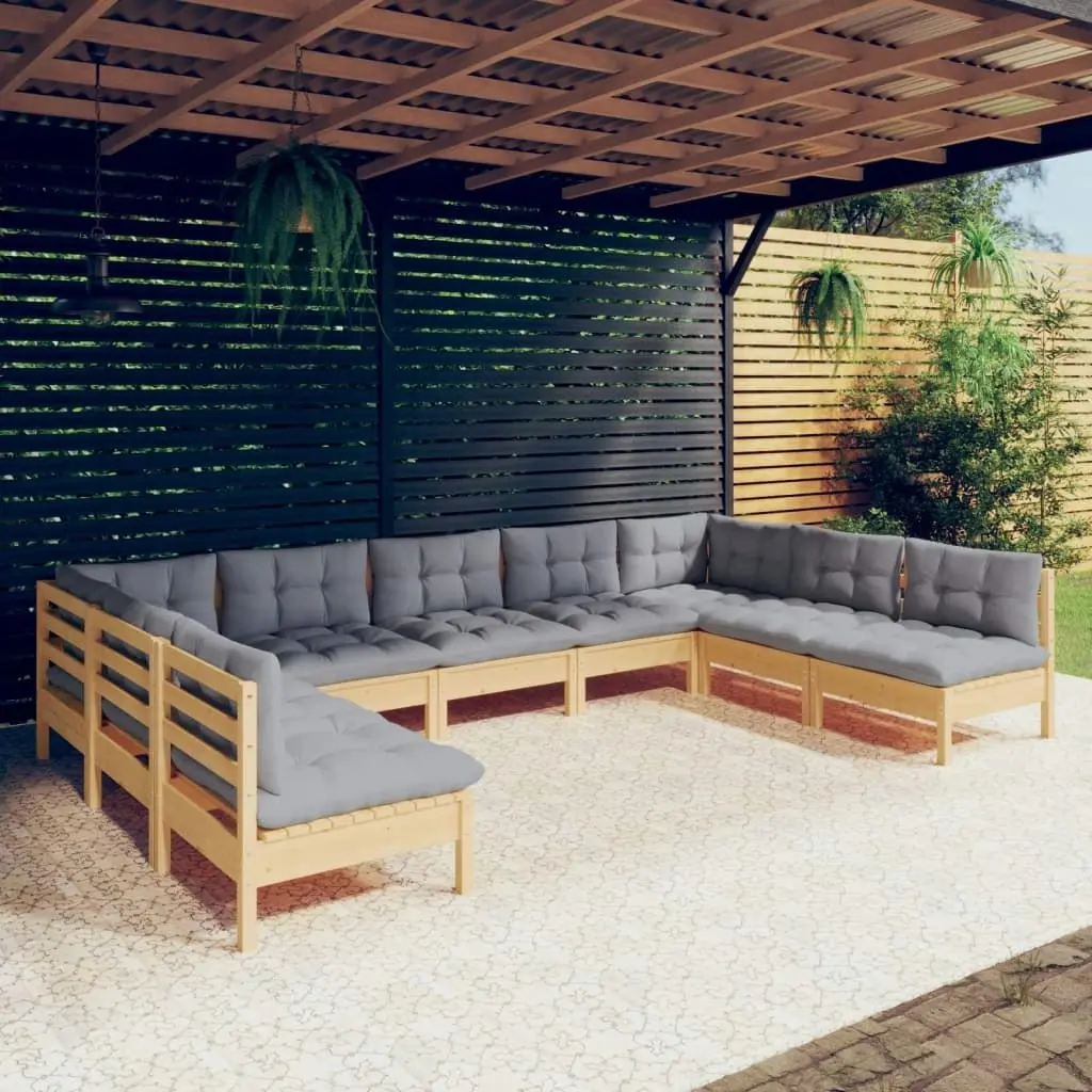 9 Piece Garden Lounge Set with Grey Cushions Solid Pinewood 3097174