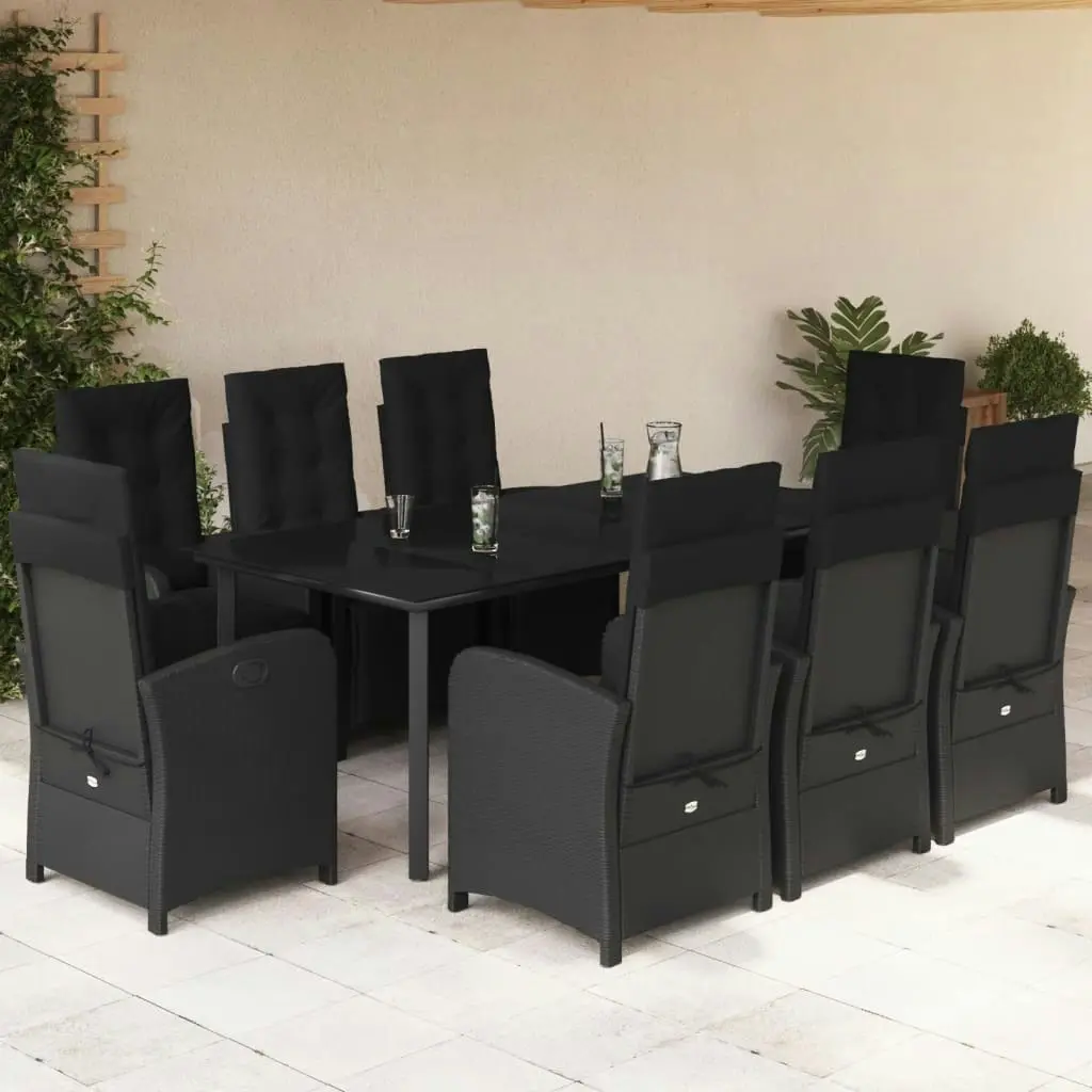 9 Piece Garden Dining Set with Cushions Black Poly Rattan 3212541