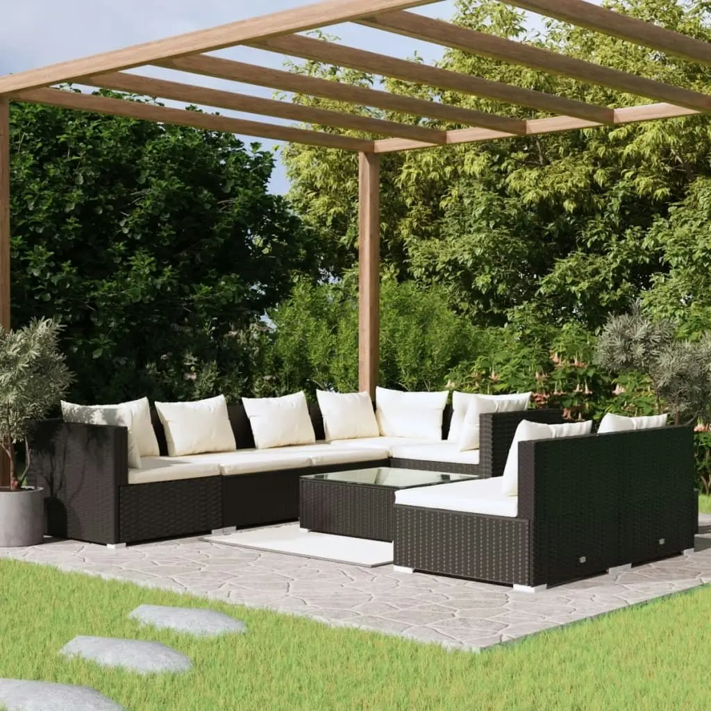 8 Piece Garden Lounge Set with Cushions Black Poly Rattan 3102391