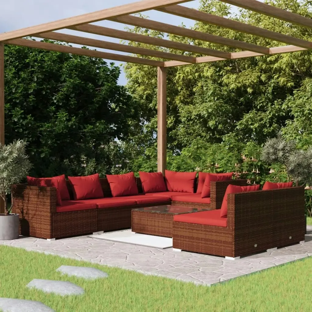 8 Piece Garden Lounge Set with Cushions Brown Poly Rattan 3102395