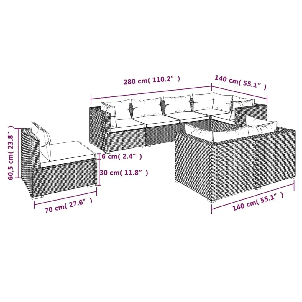 8 Piece Garden Lounge Set with Cushions Poly Rattan Brown 3102611