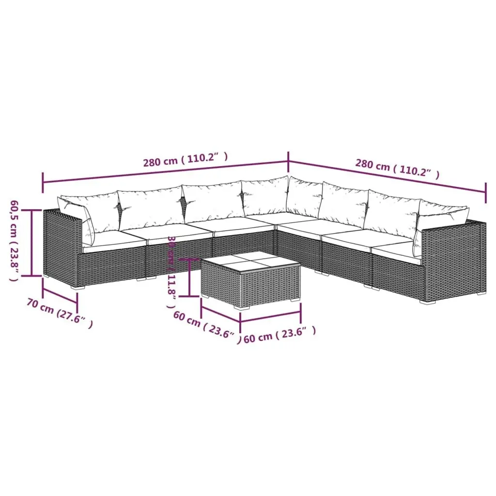 8 Piece Garden Lounge Set with Cushions Poly Rattan Grey 3101766