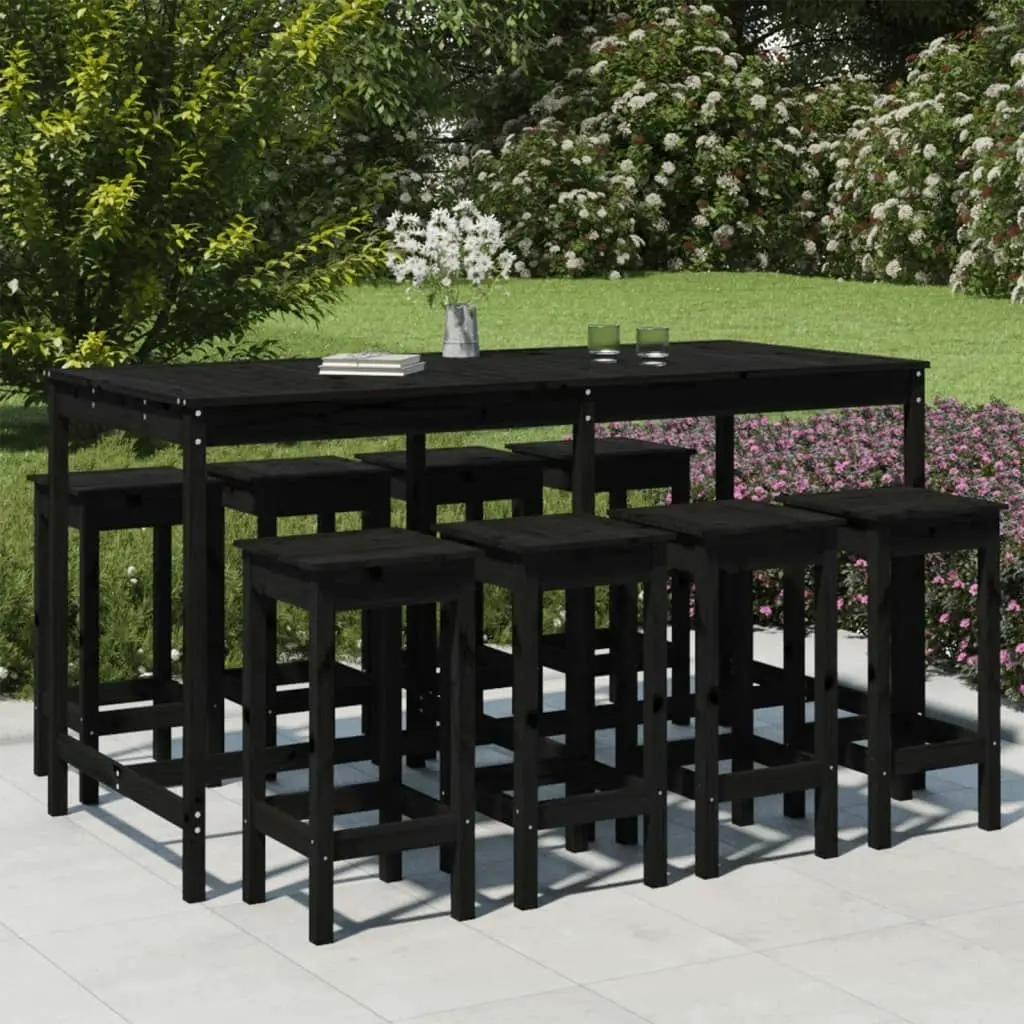 9 Piece Garden Bar Set Black Solid Wood Pine 3154769