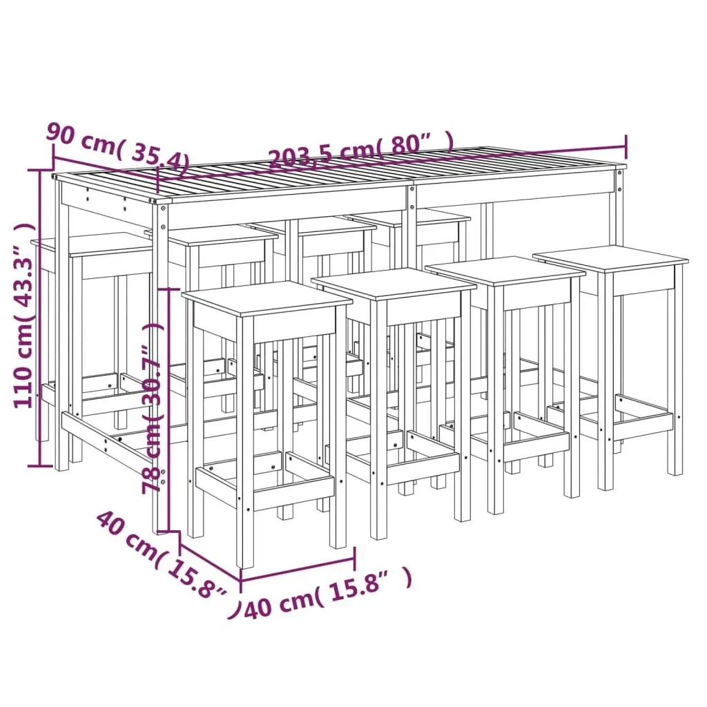 9 Piece Garden Bar Set Black Solid Wood Pine 3154769