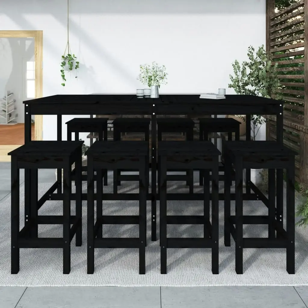 9 Piece Garden Bar Set Black Solid Wood Pine 3154769