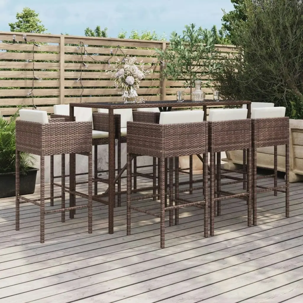 9 Piece Garden Bar Set with Cushions Brown Poly Rattan 3200650