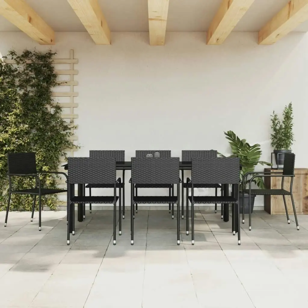 9 Piece Garden Dining Set Black Poly Rattan and Steel 3203287