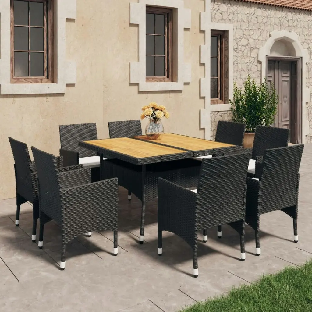 9 Piece Garden Dining Set Poly Rattan and Acacia Wood Black 3058342