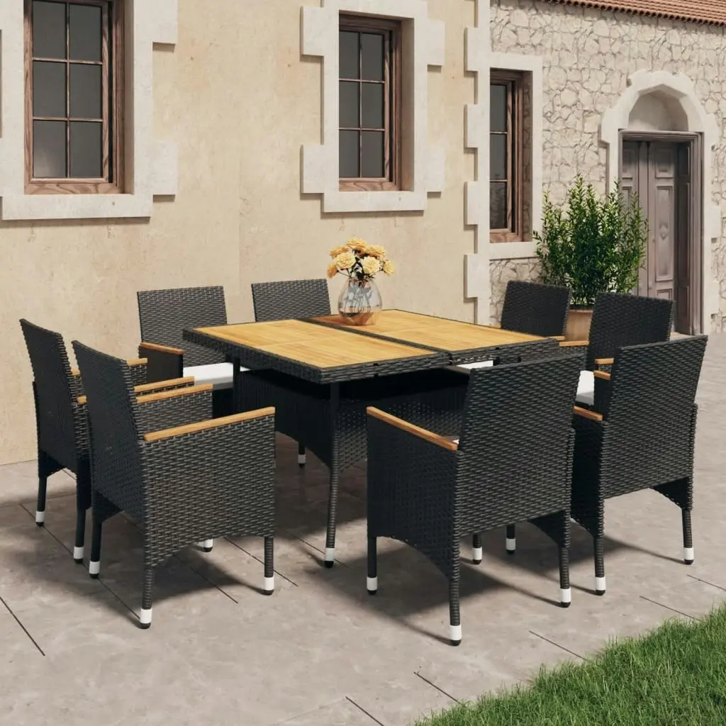 9 Piece Garden Dining Set Poly Rattan and Acacia Wood Black 3058346