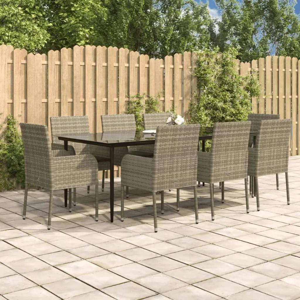 9 Piece Garden Dining Set with Cushions Black and Grey Poly Rattan 3185153