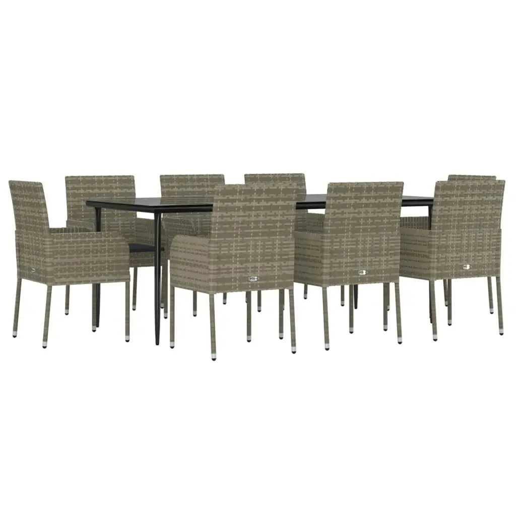 9 Piece Garden Dining Set with Cushions Black and Grey Poly Rattan 3185153