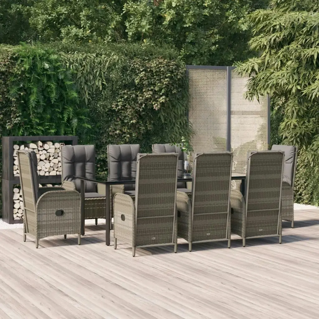 9 Piece Garden Dining Set with Cushions Black and Grey Poly Rattan 3185204