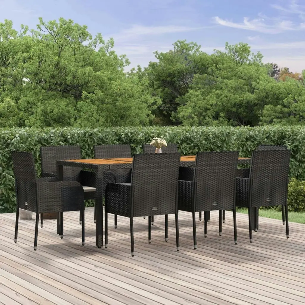 9 Piece Garden Dining Set with Cushions Black Poly Rattan 3185016