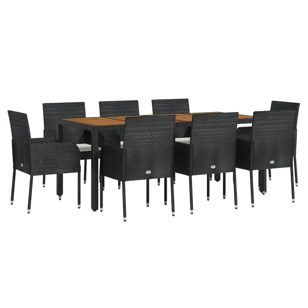 9 Piece Garden Dining Set with Cushions Black Poly Rattan 3185016