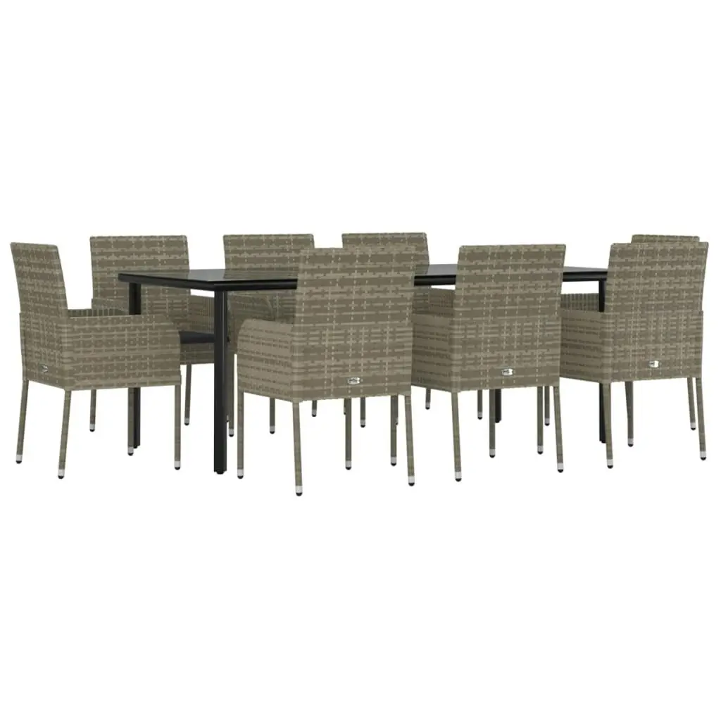 9 Piece Garden Dining Set with Cushions Black and Grey Poly Rattan 3185165