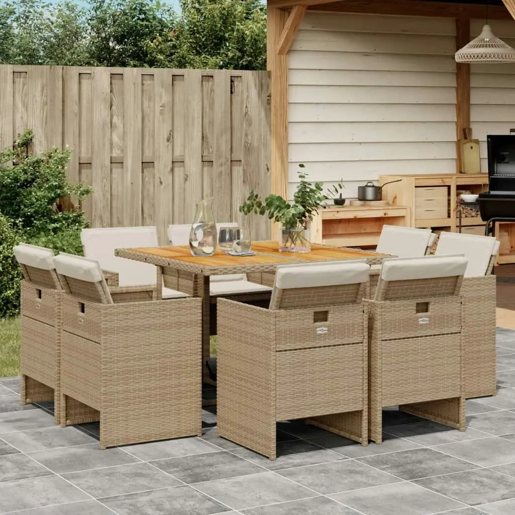 9 Piece Garden Dining Set with Cushions Beige Poly Rattan 3210664