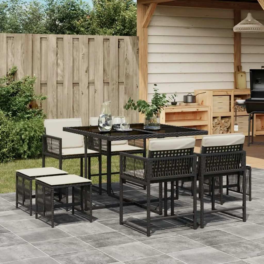 9 Piece Garden Dining Set with Cushions Black Poly Rattan 3211494